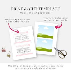Może przedstawiać: Szablon do druku DIY z tekstem "PRINT & CUT TEMPLATE" i "US Letter & A4 paper size". Szablon zawiera instrukcje dotyczące pielęgnacji makaronik&oacute;w i znaki przycinania ułatwiające cięcie. Obrazek przedstawia r&oacute;wnież nożyczki i spinacze do papieru.