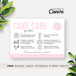 印刷可能なピンクのケーキのお手入れ方法カード、ホームベーカリー用のケーキのお手入れラベルメモ、ケーキのお手入れガイド、Canva 編集可能なカードテンプレート、基本 BB054