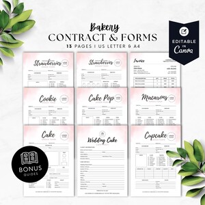 May include: A set of 13 printable bakery order forms and a contract, designed for use with Canva. The forms include order forms for strawberries, cookies, cake pops, macarons, cupcakes, and cakes. The forms are designed with a pink watercolor background and black text. The contract is for wedding cakes and includes client information, cake details, and payment information.