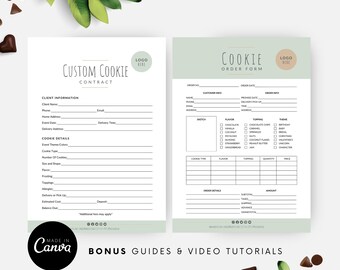 Könnte beinhalten: Ein druckbares individuelles Cookie-Bestellformular mit grünem Hintergrund und weißem Rand. Das Formular enthält Abschnitte für Kundeninformationen, Cookie-Details, Bestelldetails und einen Skizzenbereich. Der Text "CUSTOM COOKIE CONTRACT" befindet sich oben auf dem Formular.