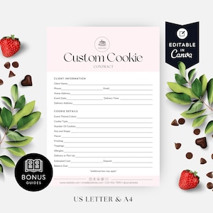 May include: A printable contract template for custom cookie orders. The template includes sections for client information, cookie details, estimated cost, and balance due. The template is editable in Canva and is available in US Letter and A4 sizes.
