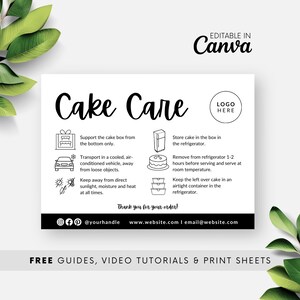ケーキのお手入れ方法の印刷可能なカード、ケーキのお手入れガイド、ホームベーカリー用のケーキのお手入れラベルメモ、Canva で編集可能なカード テンプレート、ミニマリスト BB000