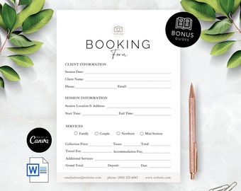 May include: A printable booking form with a black and white design. The form includes sections for client information, session information, services, and pricing. The form is labeled "Booking Form" and includes the text "US Letter & A4".