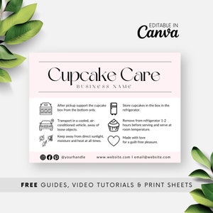 Plantilla de Canva para tarjetas de cuidado de muffins rosados, instrucciones de cuidado de muffins editables, guía de cuidado de muffins imprimible para empaque de panadería casera BB047