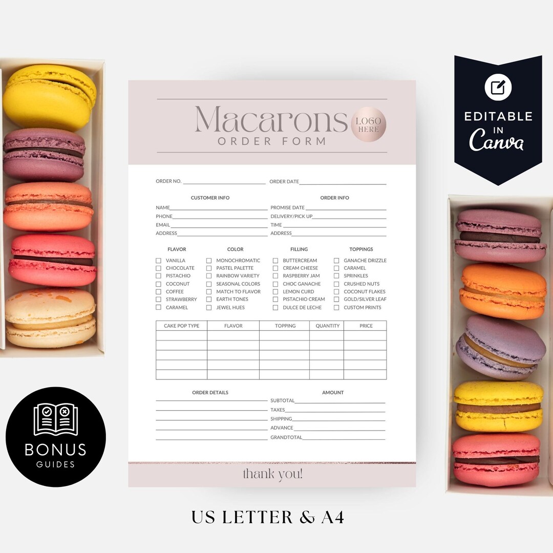 Macarons Order Sheet Template, Home Bakery Order Form Editable Canva ...