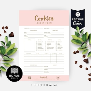 May include: Printable cookie order form template with a pink background and brown text. The form includes sections for customer information, order details, cookie type, flavor, topping, quantity, price, and theme. The form is editable in Canva.