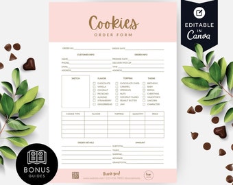Può includere: Modello di modulo d'ordine per biscotti stampabile con sfondo rosa e testo marrone. Il modulo include sezioni per le informazioni del cliente, i dettagli dell'ordine, il tipo di biscotto, il gusto, la guarnizione, la quantità, il prezzo e il tema. Il modulo è modificabile in Canva.