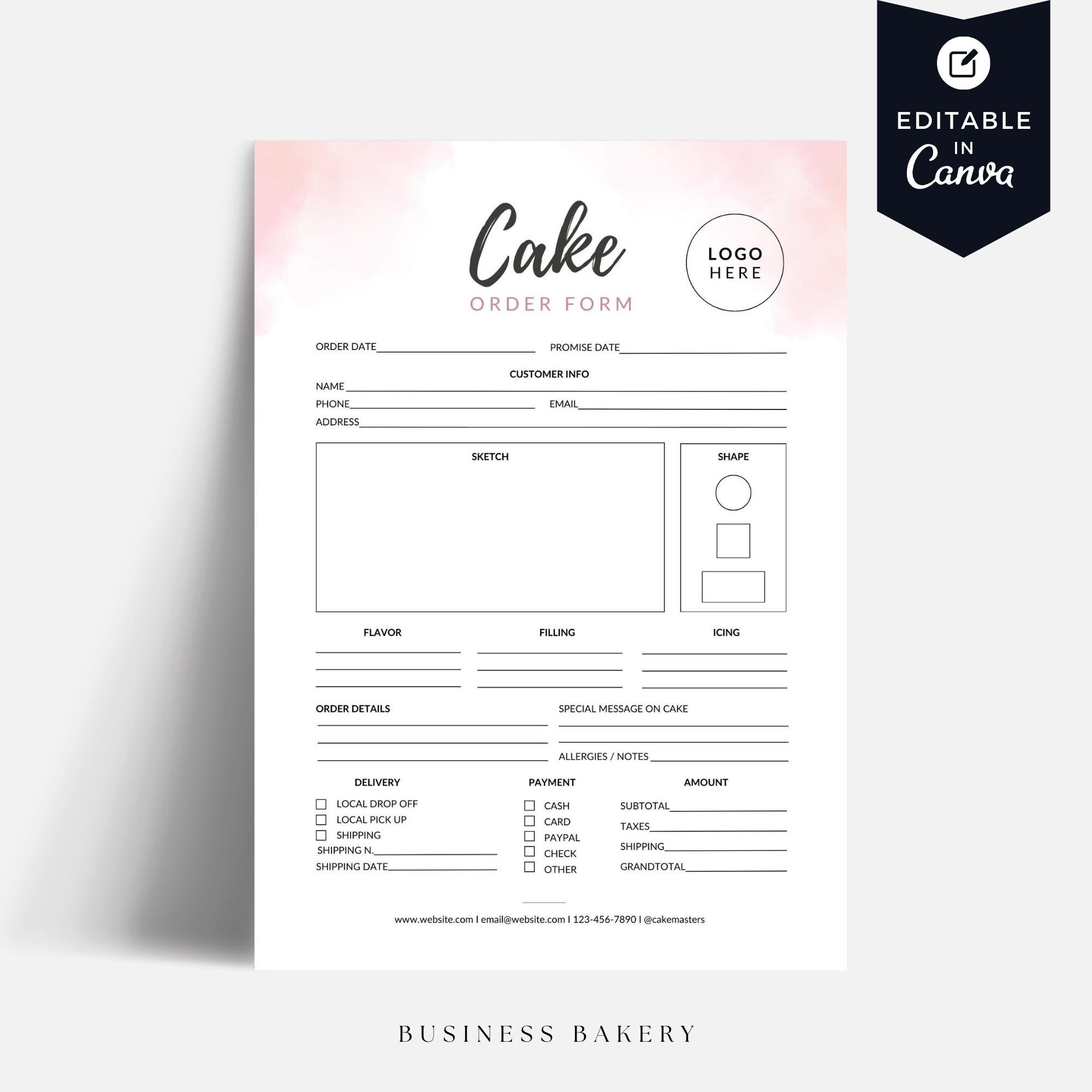 Cake Order Sheet Template, Bakery Order Form Editable in Canva, Wedding ...