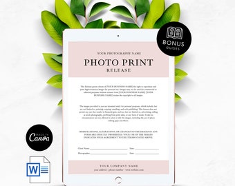 May include: A pink and white digital tablet displaying a photo print release form. The form includes the text "Photo Print Release" and "Your Photography Name". The form is designed for photographers to use with their clients.