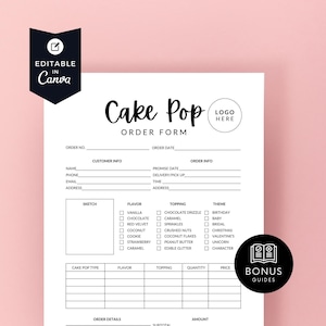 Op de afbeelding: Een zwart-wit printbaar cake pop bestelformulier met secties voor klantgegevens, bestelgegevens, smaak, topping, thema en hoeveelheid. Het formulier bevat een ruimte voor een logo en een sectie met bonusgidsen.
