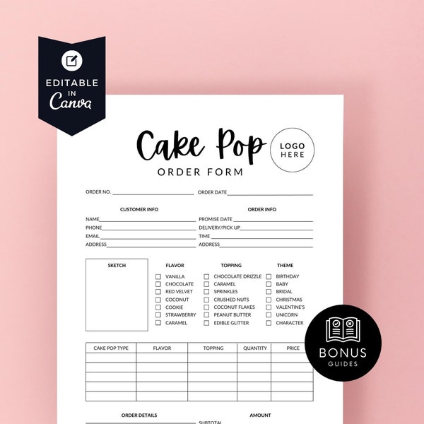 Printable Cakepop Order Form, Cake Pop Templates for Canva, Cakesicles Bakery Order Sheet, Baking Business Forms, Simple Clean Minimal BB000