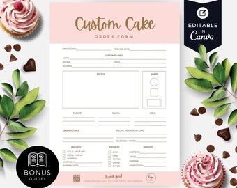 Peut inclure: Un formulaire de commande de gâteau personnalisé imprimable avec un fond rose. Le formulaire comprend des sections pour les détails de la commande, les informations du client, la conception du gâteau, la saveur, la garniture, le glaçage et le paiement. Le formulaire est modifiable dans Canva et est disponible aux formats US Letter et A4.