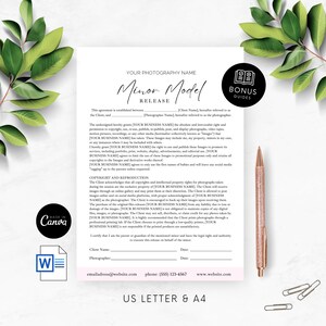 May include: A pink and white printable minor model release form with the text "Minor Model Release" in a decorative font. The form includes fields for the client's name, photographer's name, and dates. The form also includes a section for the photographer to sign and a section for the client to sign.
