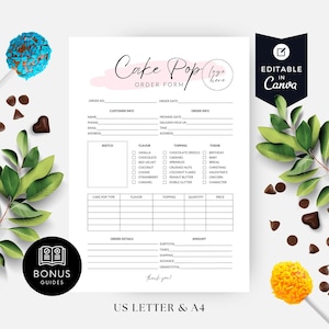 Puede incluir: Un formulario de pedido imprimible para una cafetería especializada en cake pops. El formulario incluye secciones para la información del cliente, los detalles del pedido y una lista de sabores, coberturas y temas. El formulario está diseñado para ser utilizado con la aplicación Canva.