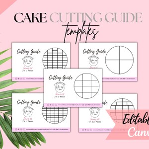 May include: Five printable cake cutting guides for round cakes. Each guide is a white card with black text and a black circle divided into sections. The guides are labeled "Cutting Guide" and show how to cut a cake for 8, 11, 16, 20, and 30 servings. The text "Editable in Canva" is at the bottom right of the image.