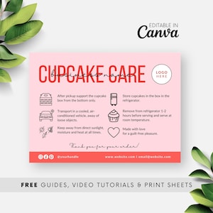 Modèle sur toile pour carte d'entretien de cupcakes, instructions d'entretien pour muffins modifiables, guide d'entretien pour cupcakes imprimable, boulangerie maison, notice d'emballage DIY BB053