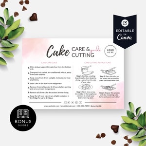 Tarjeta guía de corte y cuidado de pasteles, instrucciones de servicio imprimibles, etiquetas de panadería editables, plantilla de Canva, prospecto, acuarela BB045