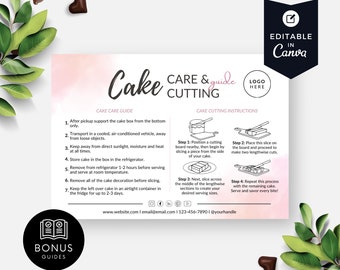 Cake Care And Cutting Guide Card, Printable Serving Instructions, Editable Bakery Labels, Canva Template, Package Insert, Watercolor BB045