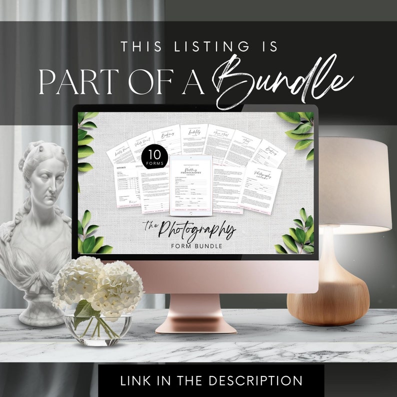 Pode incluir: Um ecr&atilde; de computador a mostrar um conjunto de 10 formul&aacute;rios de fotografia. Os formul&aacute;rios s&atilde;o intitulados "The Photography Form Bundle".