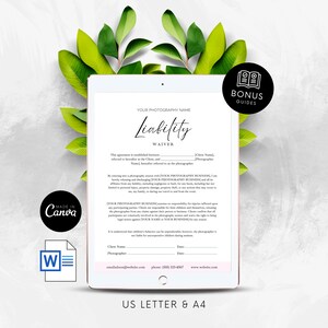 Pode incluir: Um documento digital rosa e branco com o título "Isenção de responsabilidade" e o texto "YOUR PHOTOGRAPHY NAME". O documento é um acordo legal entre um fotógrafo e um cliente. O documento inclui as informações de contato do fotógrafo e um espaço para a assinatura do cliente.