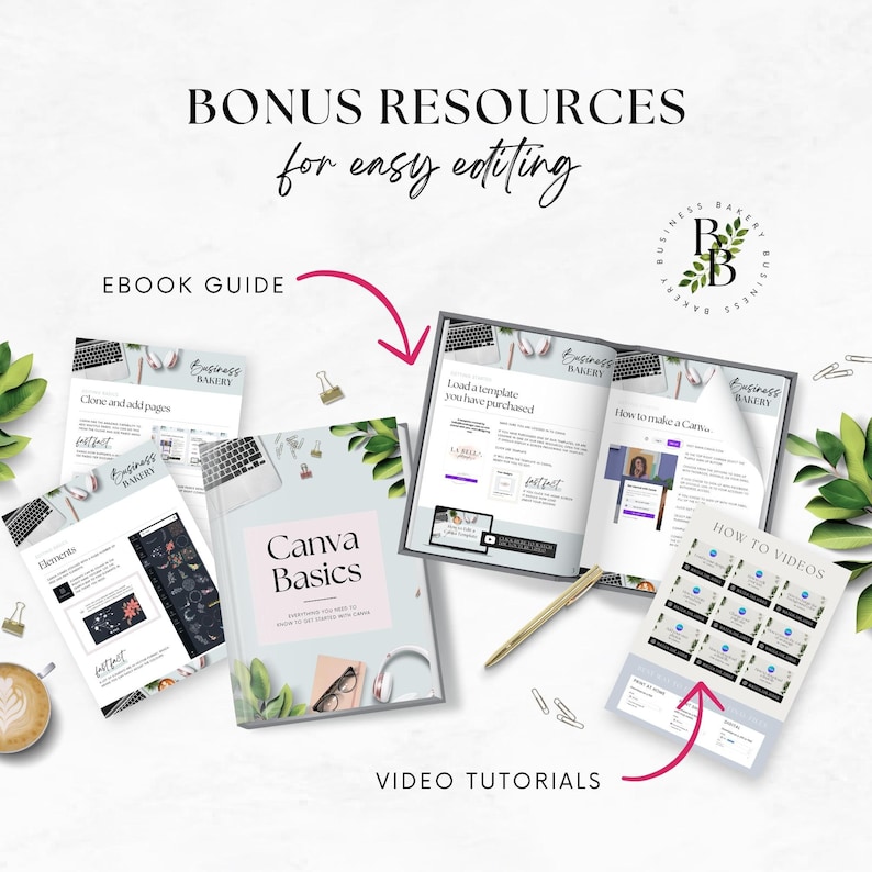 May include: A Canva Basics ebook guide, a laptop with an open ebook showing a Canva template, and a set of video tutorials for business owners. The ebook guide and video tutorials are for creating Canva designs for a bakery business.