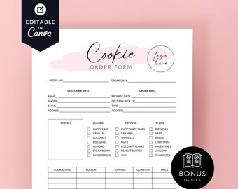 Può includere: Modello di modulo d'ordine per biscotti stampabile con sfondo acquerello rosa. Il modulo include sezioni per le informazioni del cliente, i dettagli dell'ordine, il tipo di biscotto, il gusto, la guarnizione, la quantità, il prezzo e il totale parziale. Il modulo include anche una sezione per le guide bonus.