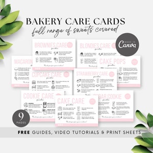 May include: A collection of nine pink and white bakery care cards with instructions for various sweets, including brownies, blondies, cake pops, and cookies. The cards feature text and illustrations, with the words "BAKERY CARE CARDS" at the top. The image also includes the text "FREE GUIDES, VIDEO TUTORIALS & PRINT SHEETS."