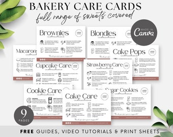 Minimalist Bakery Care Cards, Cake Care Instructions Card, Home Bakery Templates Bundle, Care Label, Editable Cookie Sticker Guide, BB052