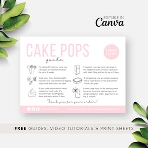 ケーキポップのお手入れ方法のテンプレート、ケーキ ロリポップの印刷可能なお手入れガイド、Canva で編集可能なベーカリーのお手入れカード、デジタル ダウンロード、ベビー ピンク BB054