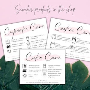 May include: Three white cards with black text and illustrations provide instructions for storing and transporting cupcakes, cookies, and cakes. The cards have the titles "Cupcake Care", "Cookie Care", and "Cake Care".