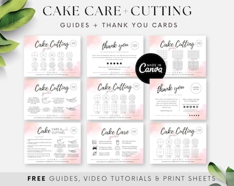 Modelos de guia de cuidado e corte de bolo, cartão de cuidado de bolo imprimível, instruções de bolo de casamento, agradecimento comercial de bolo Canva, aquarela BB045