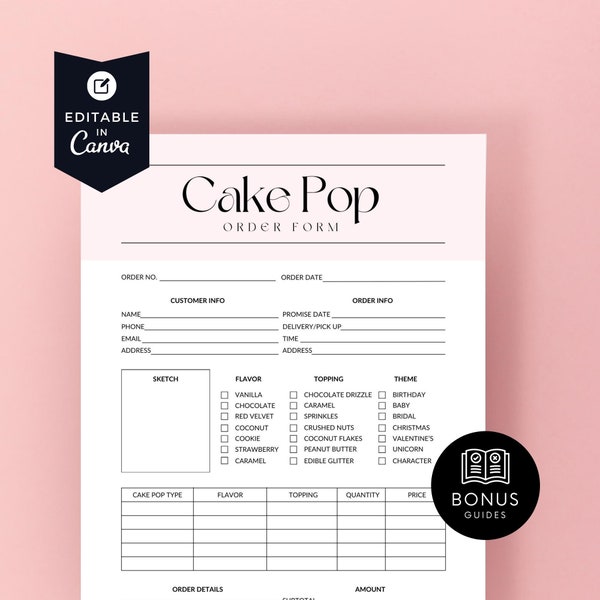 Printable Cakepop Order Form, Cake Pop Templates for Canva, Cakesicles Bakery Order Sheet, Clean Baking Business Forms, Modern Minimal BB047