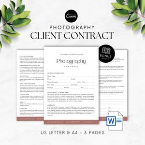May include: A photography client contract template with a clean, minimalist design. The document includes sections for client information, agreement terms, and liability. The text is in black font on a white background, with the words "Photography Client Contract" prominently displayed.