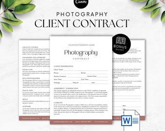 Puede incluir: Una plantilla de contrato para clientes de fotografía con un diseño limpio y minimalista. El documento incluye secciones para la información del cliente, los términos del acuerdo y la responsabilidad. El texto está en fuente negra sobre fondo blanco, con las palabras "Contrato de Cliente de Fotografía".