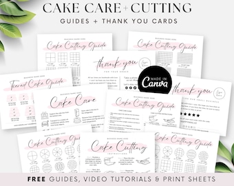 Modelos de guia de cuidado e corte de bolo, cartão de cuidado de bolo imprimível, instruções de bolo de casamento, agradecimento comercial de bolo Canva, aquarela BB046