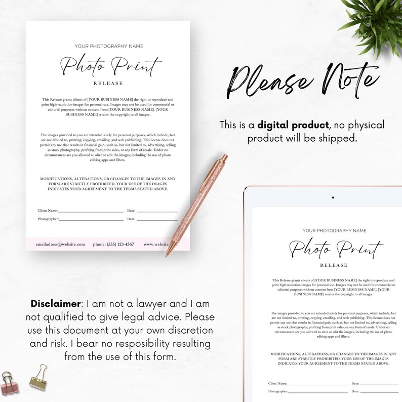 Pode incluir: Um formul&aacute;rio de libera&ccedil;&atilde;o de fotos imprim&iacute;vel com o texto "Photo Print Release" em um esquema de cores rosa e branco. O formul&aacute;rio inclui uma cl&aacute;usula de isen&ccedil;&atilde;o de responsabilidade que indica que o usu&aacute;rio n&atilde;o &eacute; advogado e n&atilde;o pode fornecer aconselhamento jur&iacute;dico. O formul&aacute;rio tamb&eacute;m inclui uma nota que indica que este &eacute; um produto digital e que nenhum produto f&iacute;sico ser&aacute; enviado.