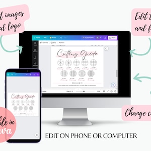 May include: A digital illustration of a cutting guide for cakes, pies, and other baked goods. The guide includes circles and squares of different sizes, with lines indicating how to cut the baked good into equal portions. The guide is editable in Canva, a graphic design platform, and can be edited on a phone or computer. The text "Cutting Guide" is displayed at the top of the guide.