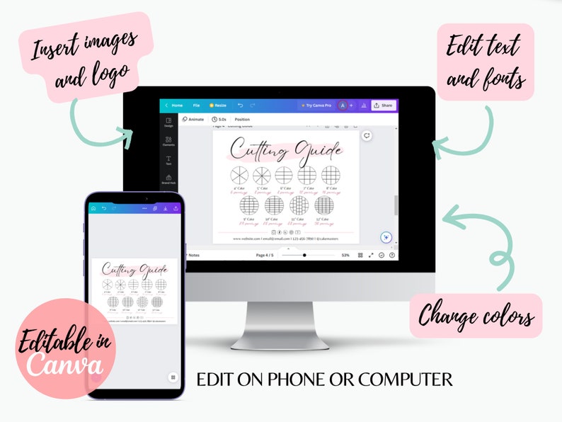 May include: A digital illustration of a cutting guide for cakes, pies, and other baked goods. The guide includes circles and squares of different sizes, with lines indicating how to cut the baked good into equal portions. The guide is editable in Canva, a graphic design platform, and can be edited on a phone or computer. The text "Cutting Guide" is displayed at the top of the guide.