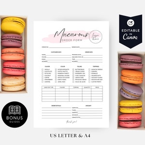 May include: Printable order form for macarons with a pink watercolor background. The form includes sections for customer information, order details, flavor, color, filling, toppings, quantity, and price. The form is designed for use with a macaron bakery or shop.