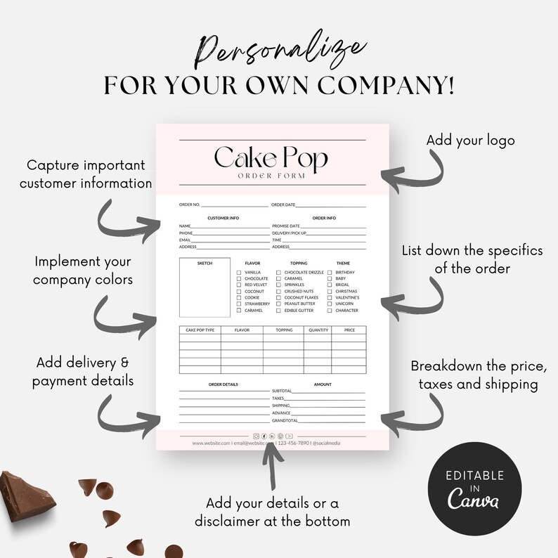May include: A pink and white printable order form for a cake pop business. The form includes sections for customer information, order details, and a breakdown of the price, taxes, and shipping. The form is customizable with your company logo, colors, and details.