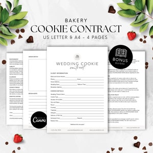 May include: A printable wedding cookie contract template for a bakery business. The contract includes sections for client information, cookie details, and a cancellation policy. The template is designed for use with US Letter or A4 paper and includes a bonus guide.