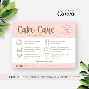 Cake Care Instructiekaart afdrukbaar, Cake Care Gids, Cake Care Label Opmerking voor thuisbakkerij, Canva bewerkbare kaartsjabloon, Blush Retro BB051