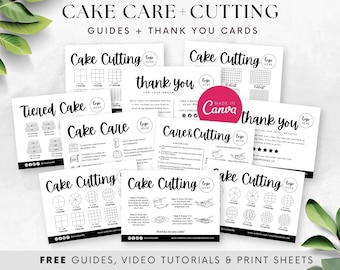 Modelos de guia de cuidado e corte de bolo, cartão de cuidado de bolo para impressão, instruções de bolo de casamento, agradecimento de negócio de bolo Canva, limpeza simples BB000