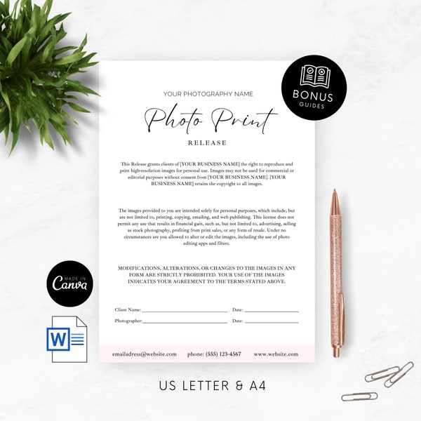 Photo Print Release Form for Photography Clients Editable Canva Template Wedding Photography Forms Copyright Agreement Release of Liability