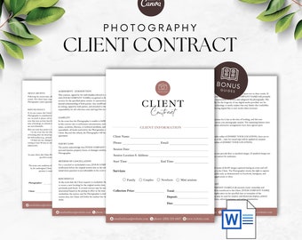 May include: A photography client contract template in a light brown and white color scheme. The contract includes sections for client information, services, collection price, total, deposit, and date. The document is labeled "Client Contract" and includes a bonus guide for photographers.