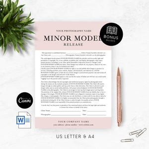 May include: A pink and white printable minor model release form with the text "Minor Model Release" in a bold, black font. The form includes spaces for the client's name, the photographer's name, and the date. The form also includes a section for the photographer's company name, address, phone number, and website.