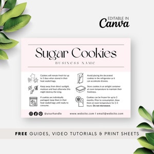 Verzorgingskaartsjabloon roze suikerkoekjes, versierde koekjes Onderhoudsinstructies Afdrukbaar, bewerkbare onderhoudsgids Royal Icing, bakkerijverpakking BB047
