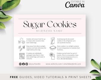 Rosa Zuckerkeks-Pflegekartenvorlage, dekorierte Keks-Pflegeanweisungen zum ausdrucken, bearbeitbarer Royal Icing Care Guide, Bäckereiverpackung BB047