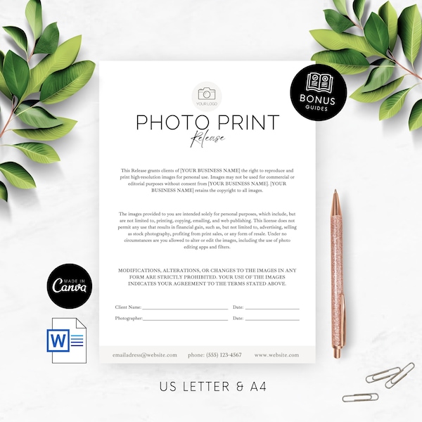 Photo Print Release Form for Photography Clients Editable Canva Template Wedding Photography Forms Copyright Agreement Release of Liability