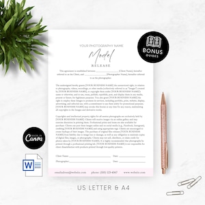 May include: A printable model release form for photographers. The form includes fields for the client's name, photographer's name, and dates. The text includes information about copyright and intellectual property rights.